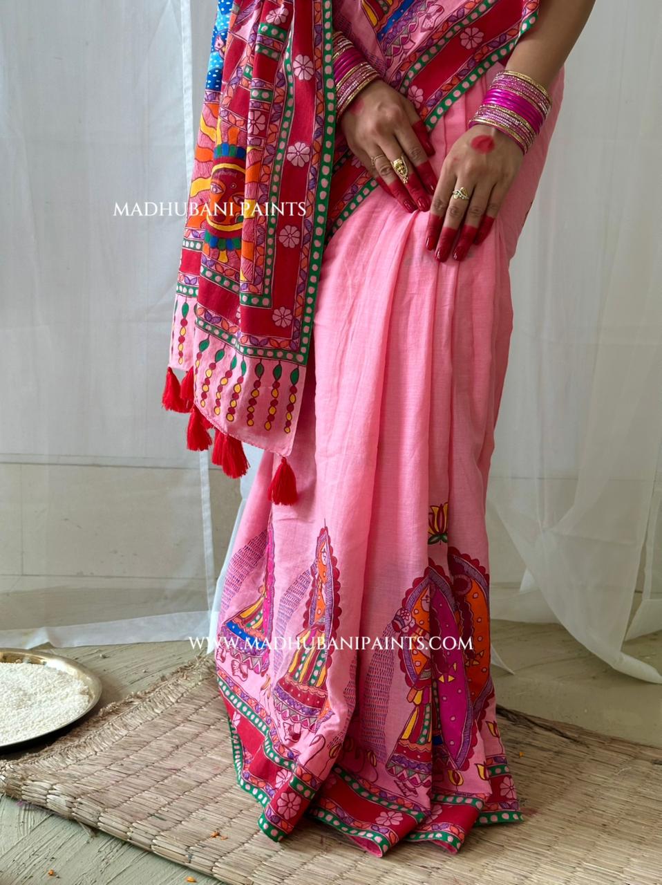 Pink Surya Shalini Chhath Puja Handpainted Madhubani Cotton Saree