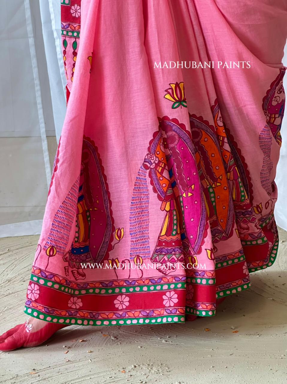 Pink Surya Shalini Chhath Puja Handpainted Madhubani Cotton Saree