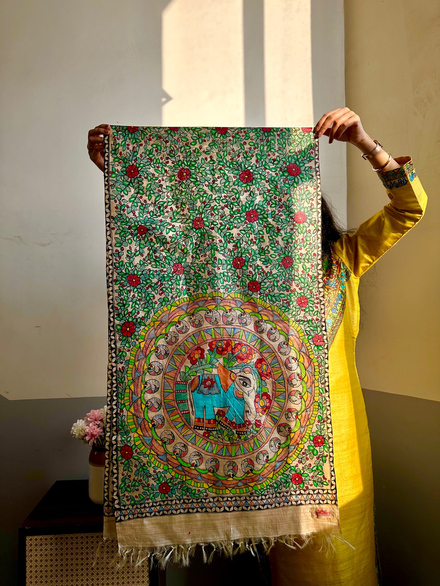 Handpainted madhubani Painting SIlk stole on Tussar silk with elephant design.