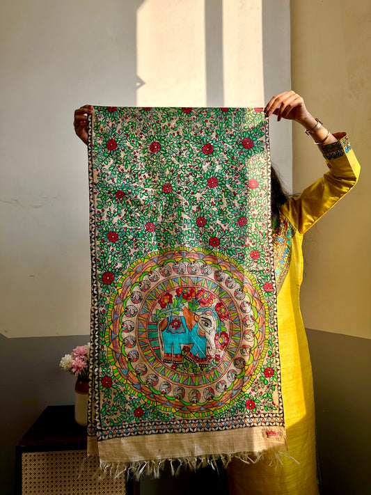 Handpainted madhubani Painting SIlk stole on Tussar silk with elephant design.