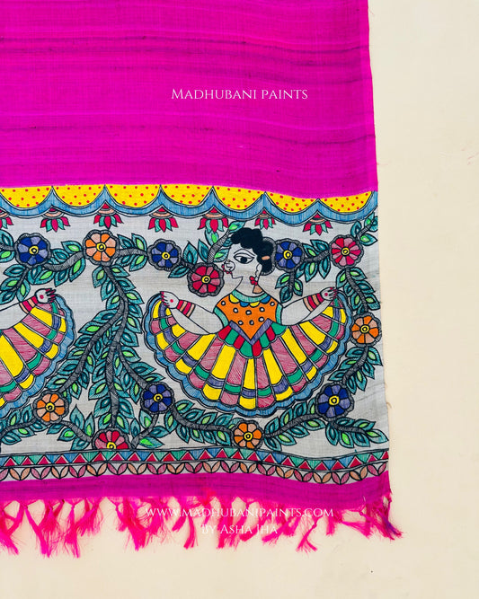 A hand-painted Madhubani Painting pink silk stole with floral and Gudiya figure artwork