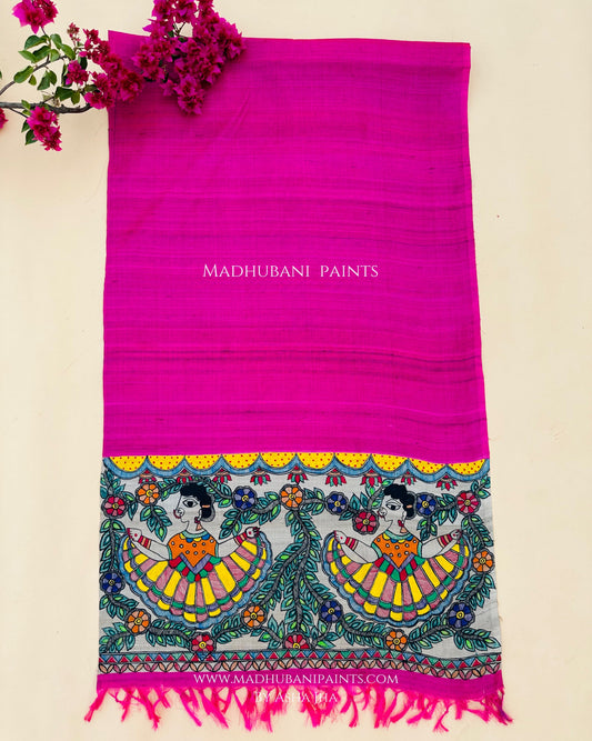 A hand-painted Madhubani Painting pink silk stole with floral and Gudiya figure artwork