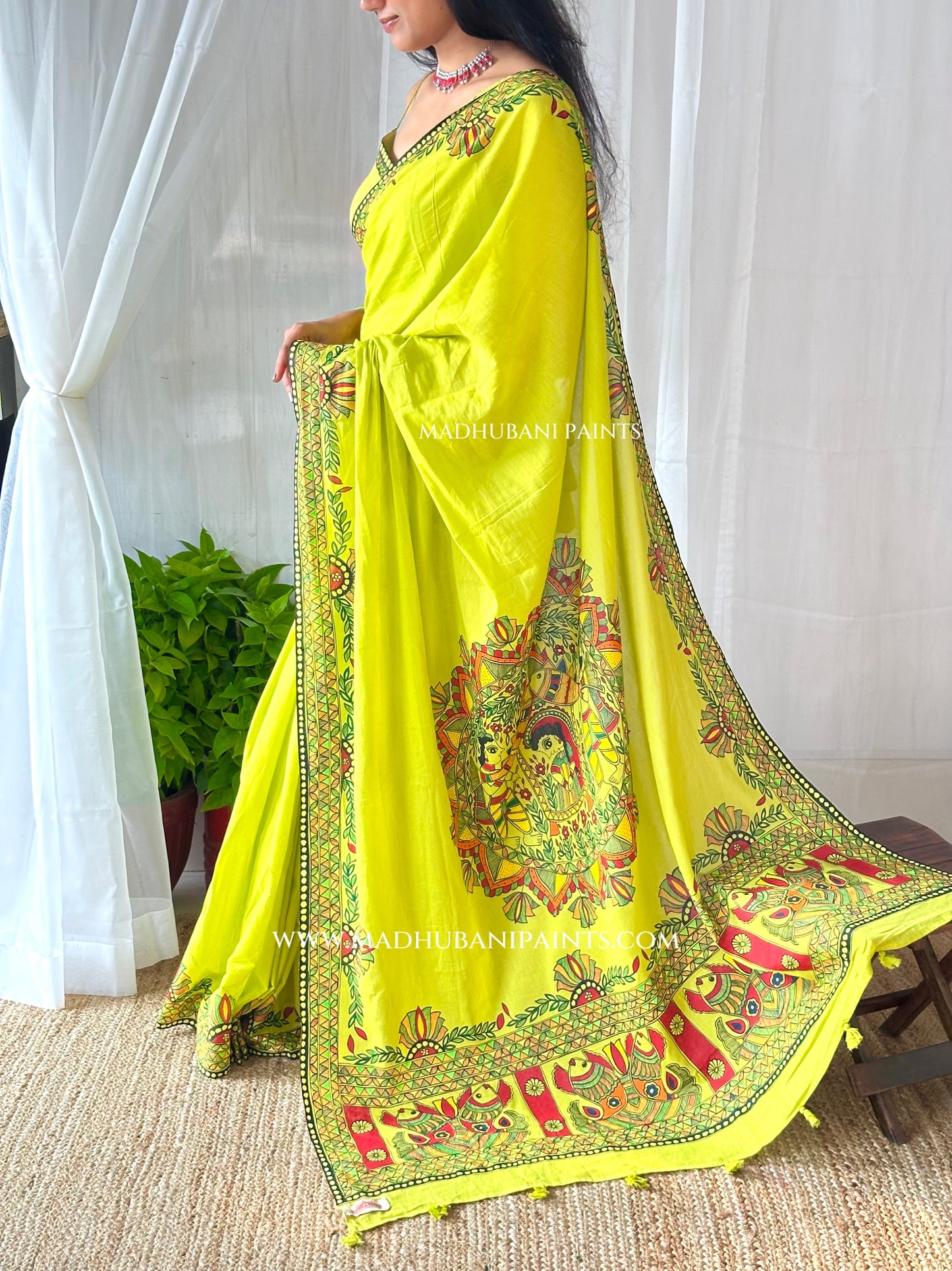 Green cotton saree with mithila ki doli with hand-painted Madhubani kamal (lotus) motifs — Hara Shringar