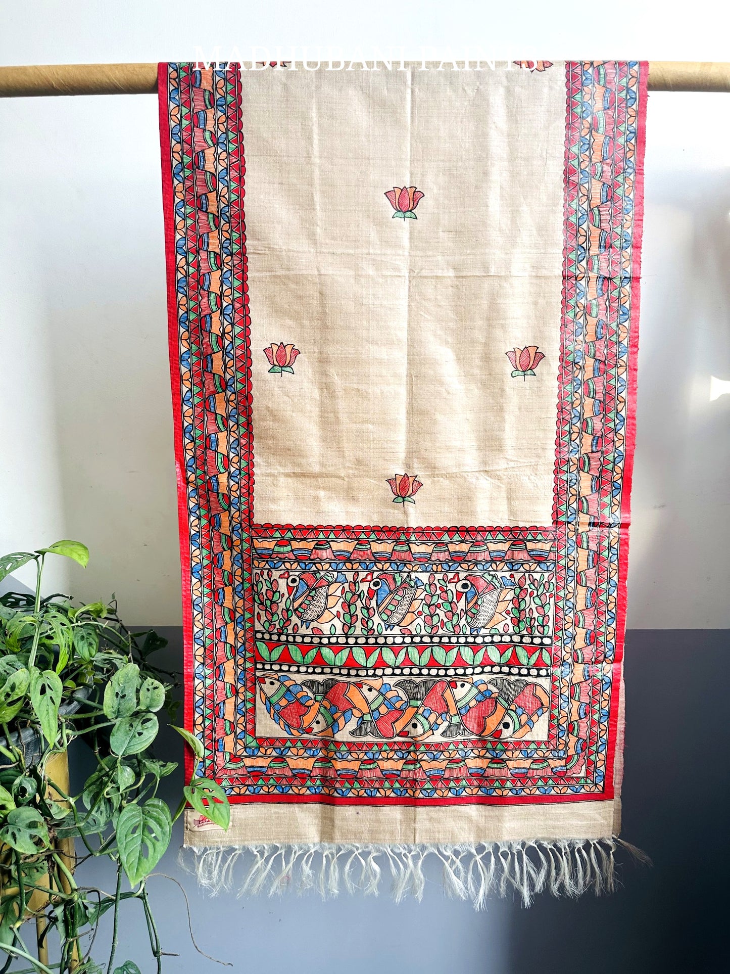 MITHILA BAAG Hand-painted Madhubani Tussar Silk Stole
