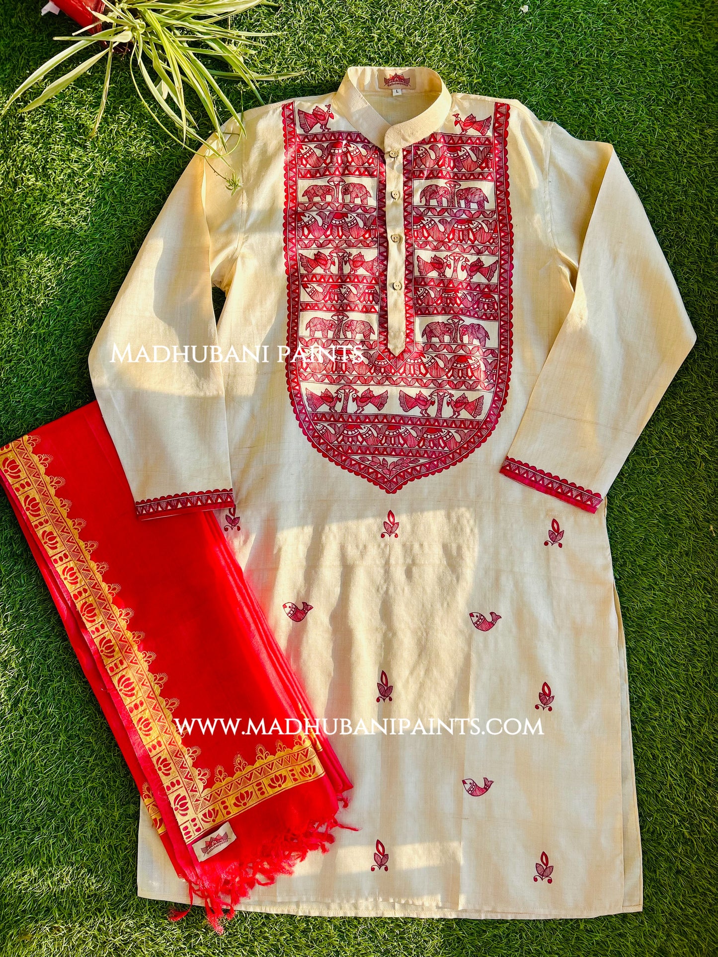 Laal Machli Kurta Groom Hand-painted  Madhubani Men's Tussar Silk Kurta