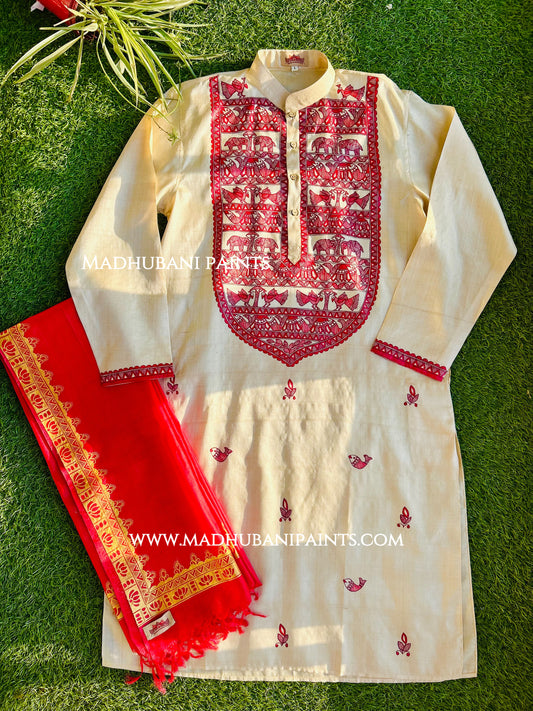 Laal Machli Kurta Groom Hand-painted Madhubani Men's Tussar Silk Kurta