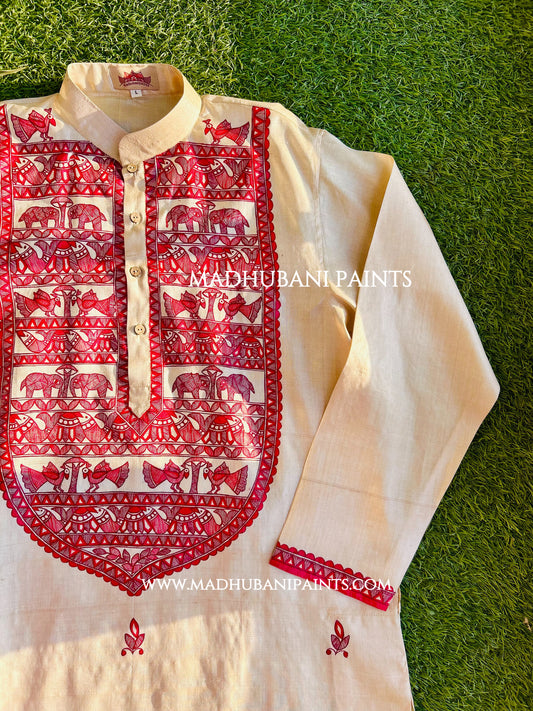 Laal Machli Kurta Groom Hand-painted  Madhubani Men's Tussar Silk Kurta