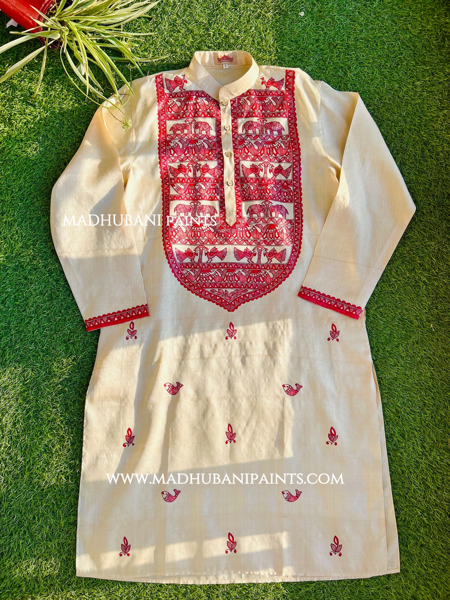 Laal Machli Kurta Groom Hand-painted  Madhubani Men's Tussar Silk Kurta