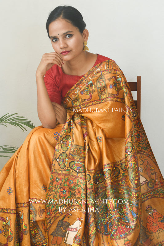 'SAI BABA' Handpainted Madhubani Tussar Silk Saree