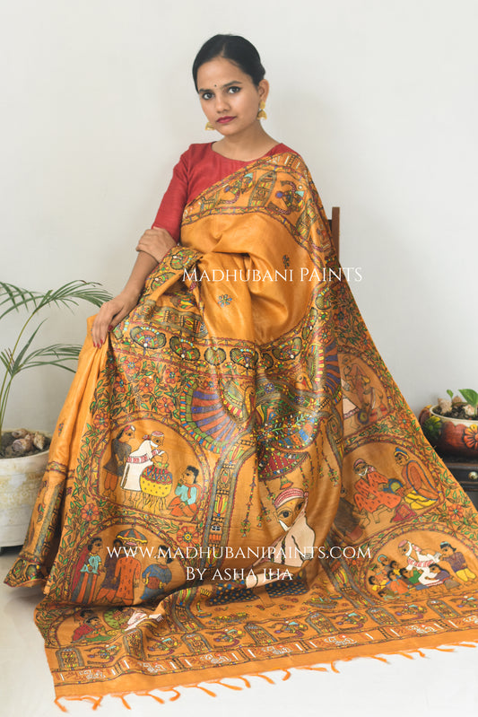 'SAI BABA' Handpainted Madhubani Tussar Silk Saree