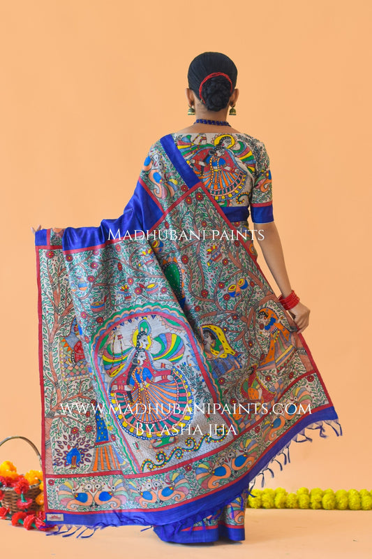 'MANMOHANA' Madhubani Hand-painted Tussar Silk Saree