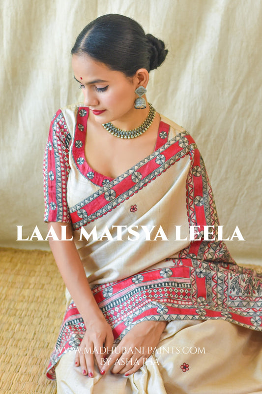 'LAAL MATSYA LEELA' Handpainted Madhubani Tussar Silk Saree