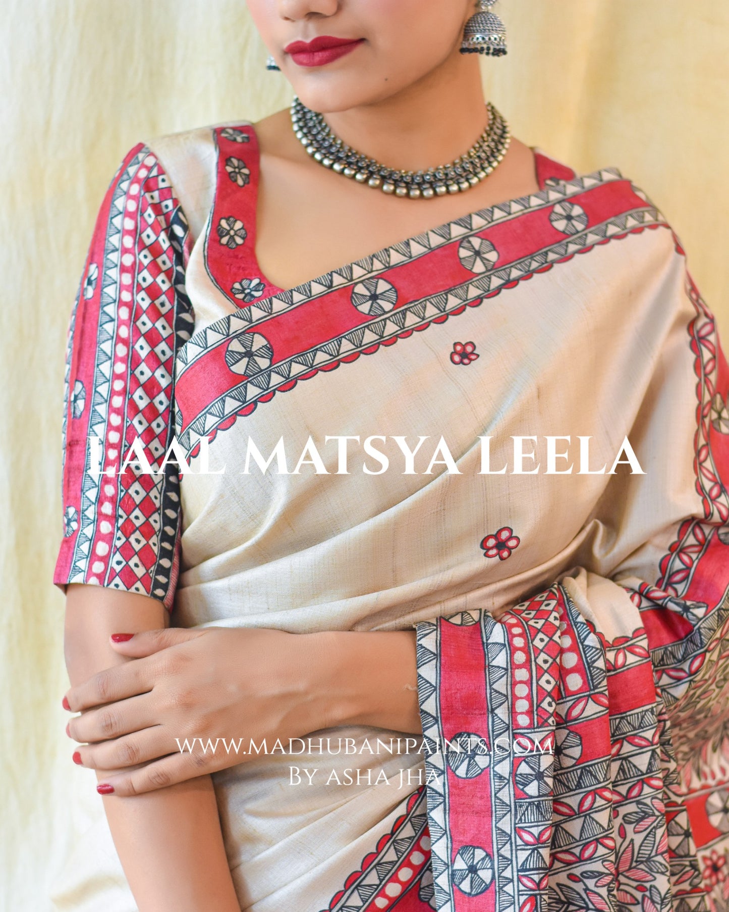 'LAAL MATSYA LEELA'  Handpainted Madhubani Tussar Silk Saree Blouse Set