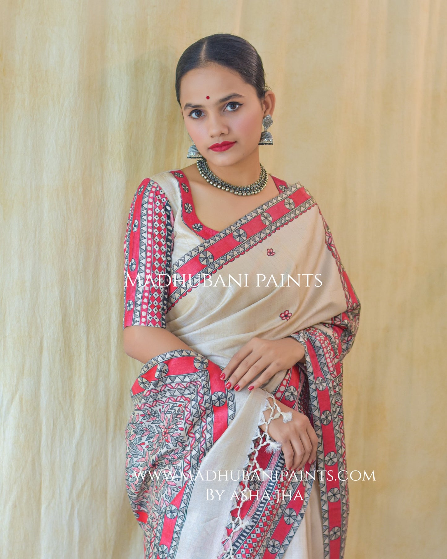 'LAAL MATSYA LEELA'  Handpainted Madhubani Tussar Silk Saree Blouse Set