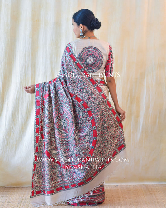 'LAAL MATSYA LEELA' Handpainted Madhubani Tussar Silk Saree Blouse Set