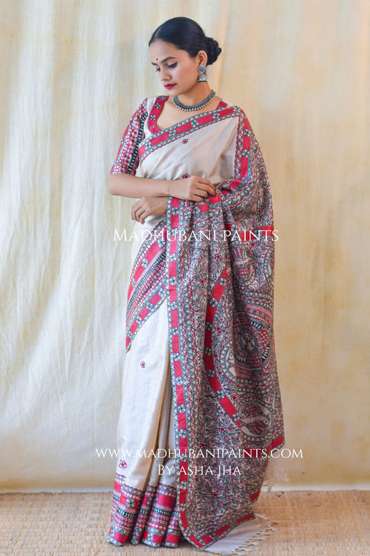'LAAL MATSYA LEELA' Handpainted Madhubani Tussar Silk Saree Blouse Set