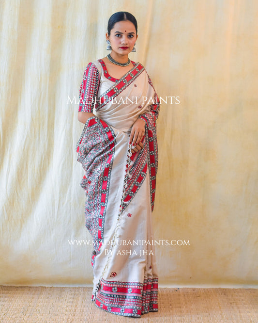 'LAAL MATSYA LEELA'  Handpainted Madhubani Tussar Silk Saree