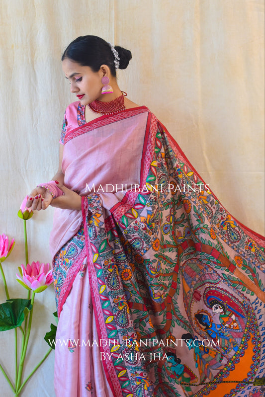 'KEVAT PREM' Handpainted Madhubani Tussar Silk Saree Blouse Set