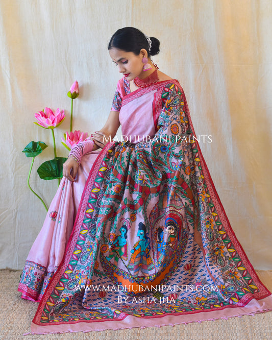 'KEVAT PREM' Handpainted Madhubani Tussar Silk Saree Blouse Set