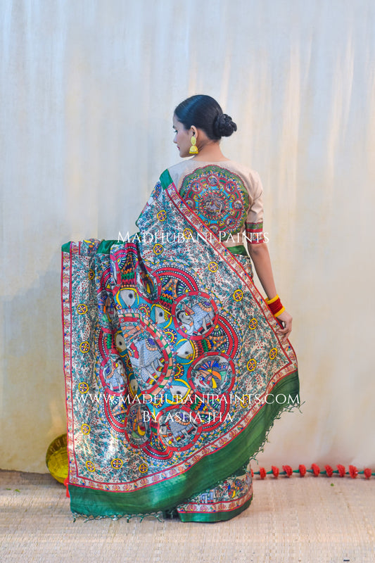 'HARIYALI' Handpainted Madhubani Tussar Silk Saree