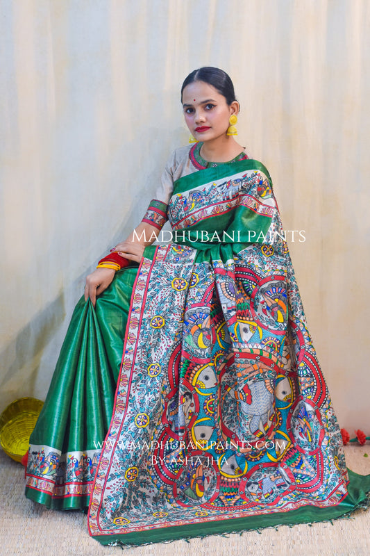 'HARIYALI'  Handpainted Madhubani Tussar Silk Saree