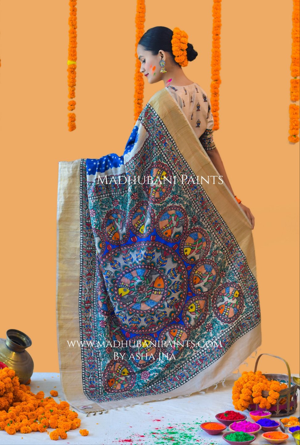 MATSYANGANA Hand-painted Bandhini Madhubani Tussar Silk Saree