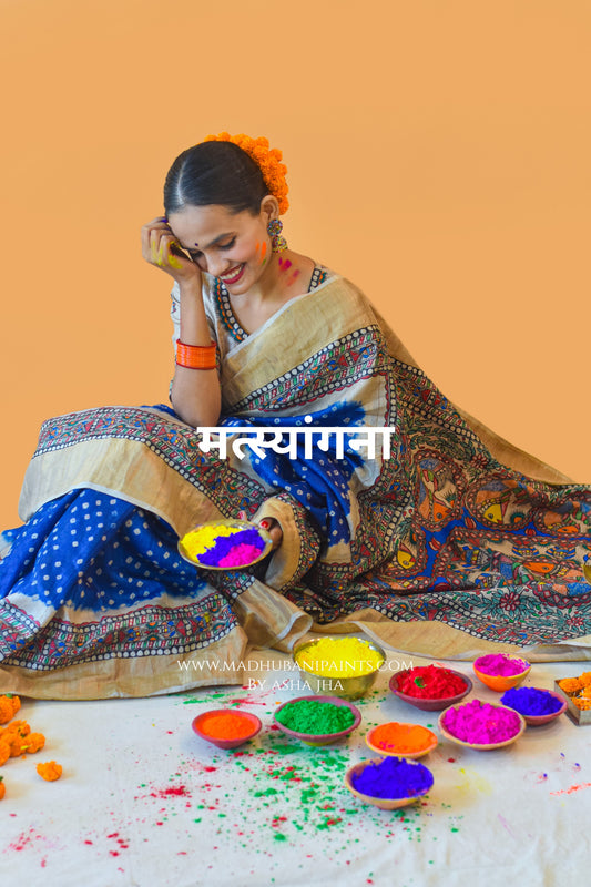 MATSYANGANA Hand-painted Bandhini Madhubani Tussar Silk Saree
