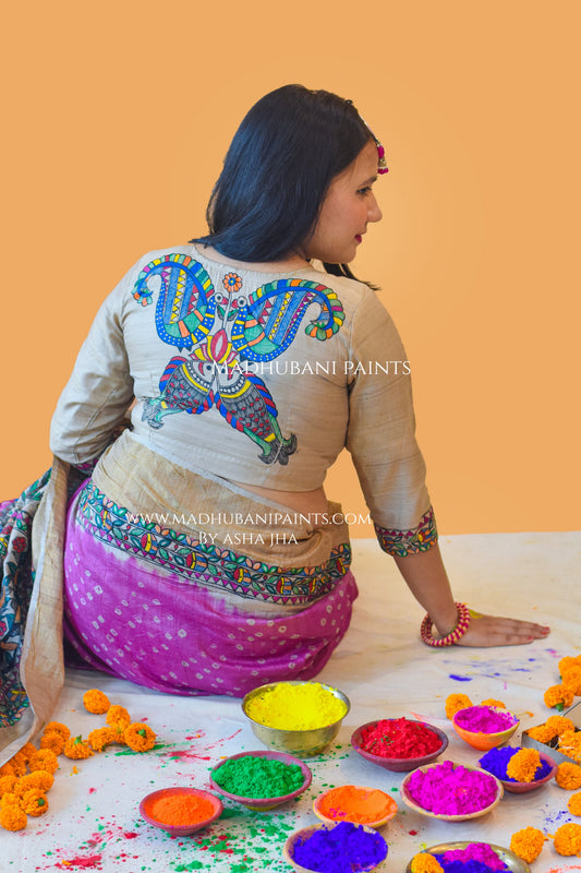 PRAKRITIK MILAN Hand-painted Madhubani Tussar Silk Saree Blouse Set
