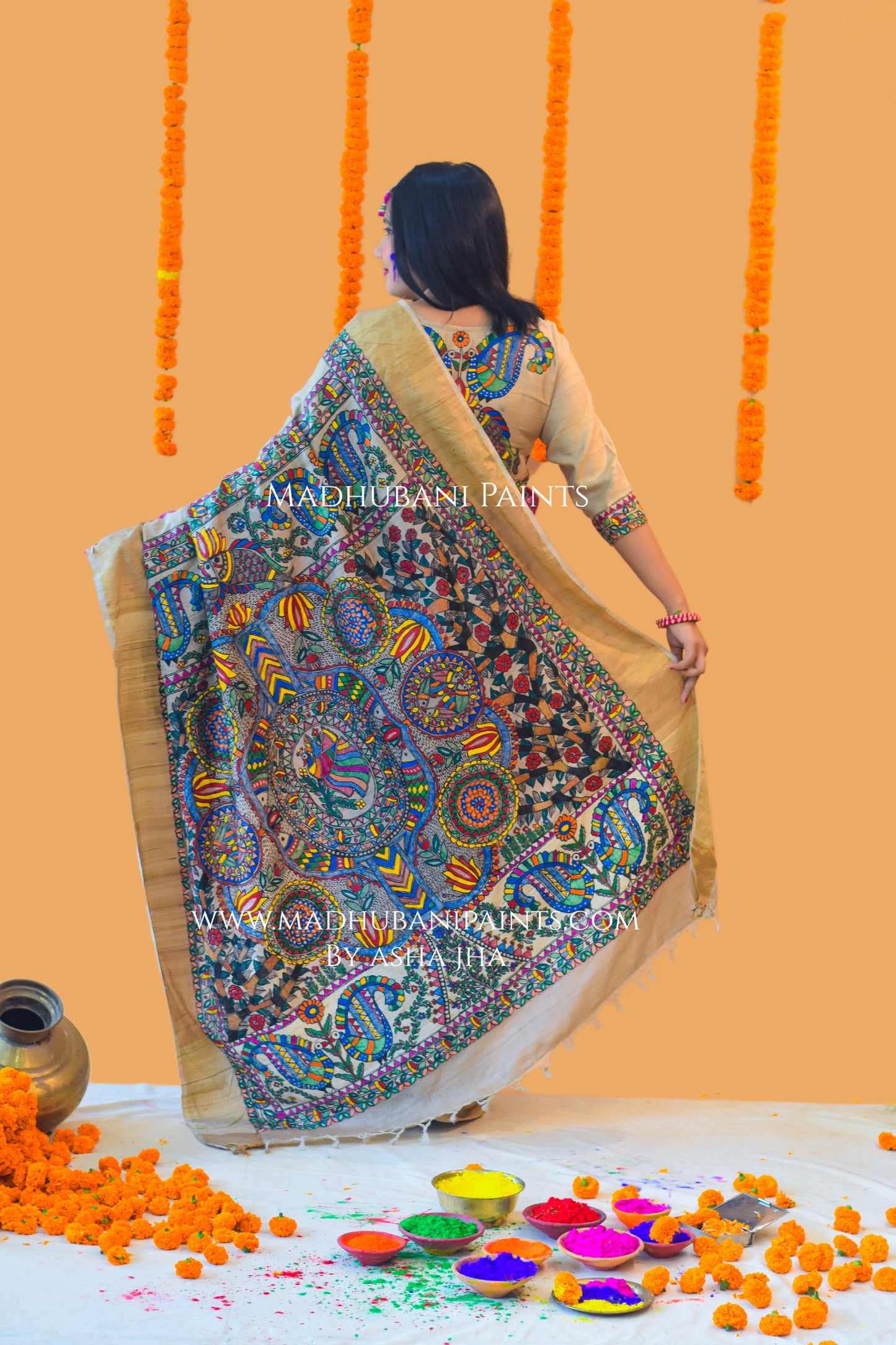 PRAKRITIK MILAN Hand-painted Madhubani Tussar Silk Saree