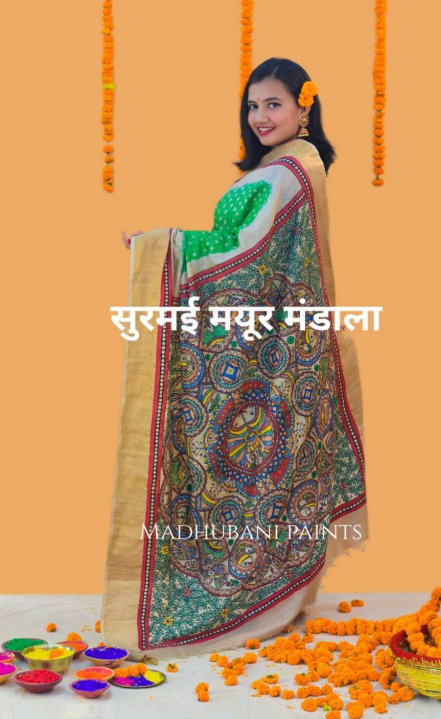 SURMAI MAYUR MANDALA Hand-painted Bandhini Madhubani Saree