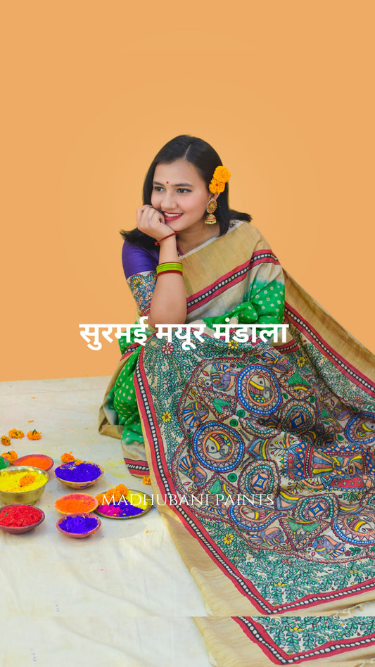 SURMAI MAYUR MANDALA Hand-painted Bandhini Madhubani Saree