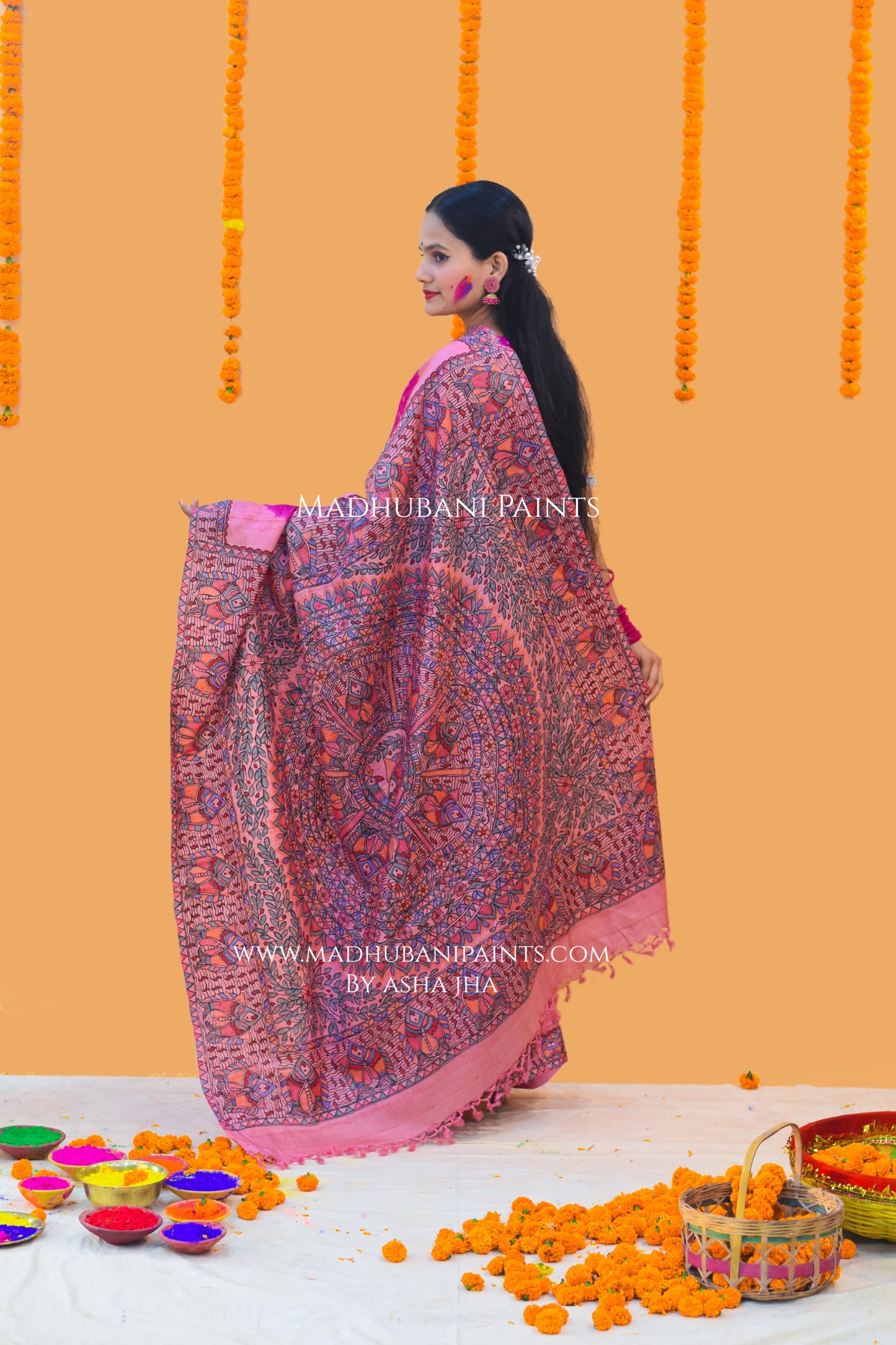 MATSYA BANDHINI MANDALI Hand-painted Madhubani Tussar Silk Saree Blouse Set