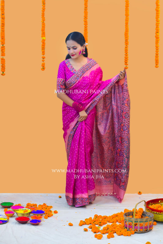 MATSYA BANDHINI MANDALI Hand-painted Madhubani Tussar Silk Saree