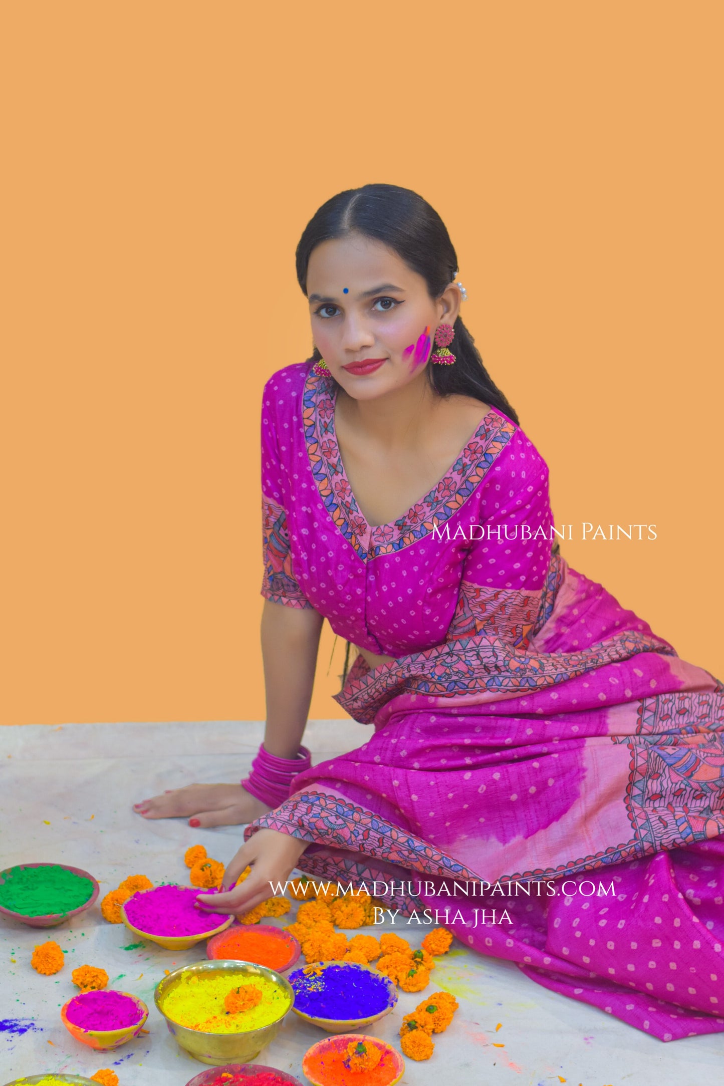 MATSYA BANDHINI MANDALI Hand-painted Madhubani Tussar Silk Saree Blouse Set