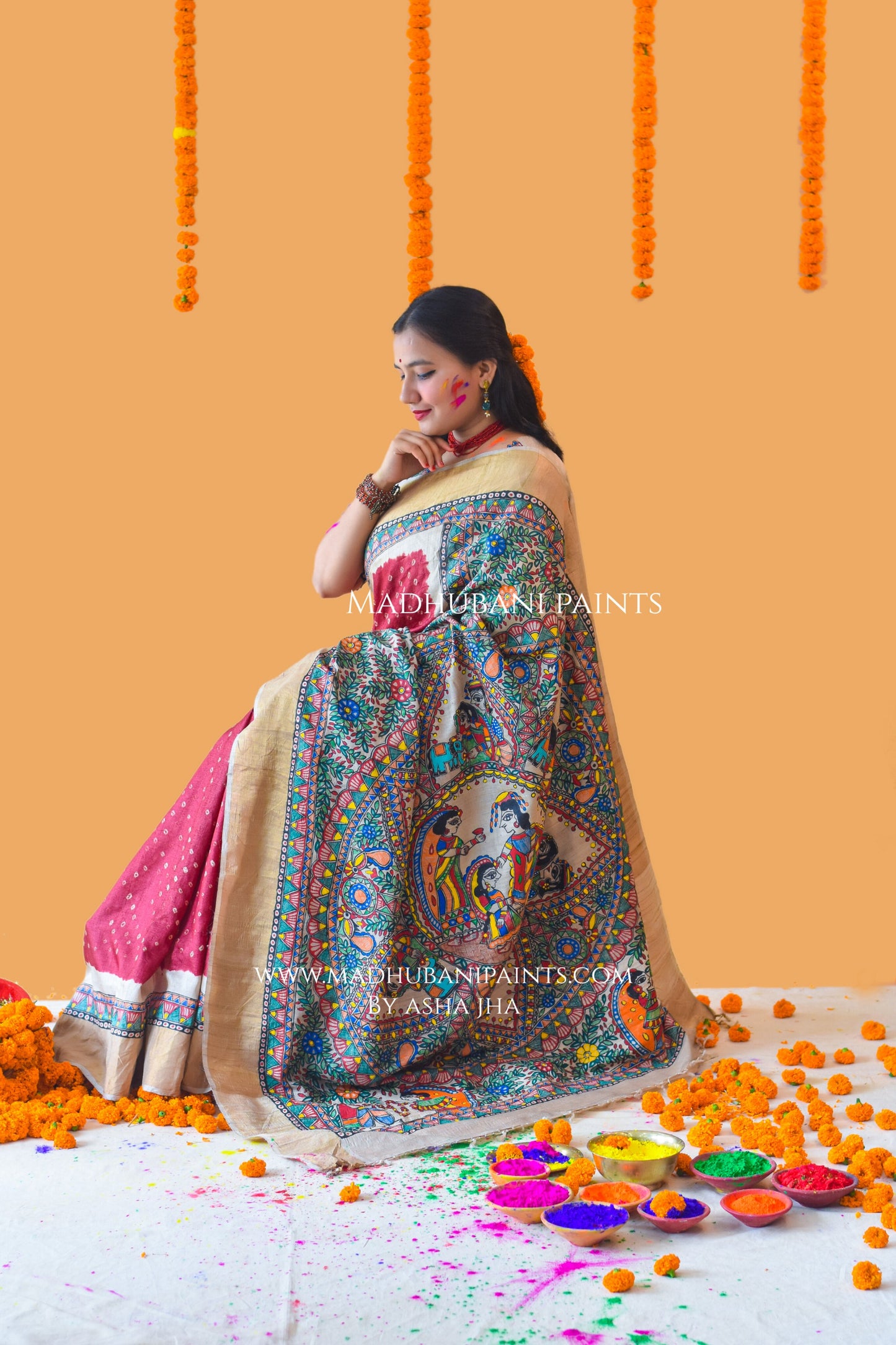 GAURI PUJA Hand-painted Madhubani Bandhini Tussar Silk Saree Blouse Set
