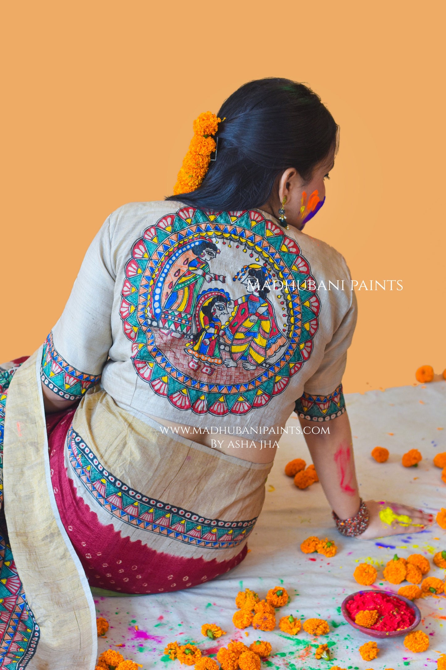 GAURI PUJA Hand-painted Madhubani Bandhini Tussar Silk Saree Blouse Set