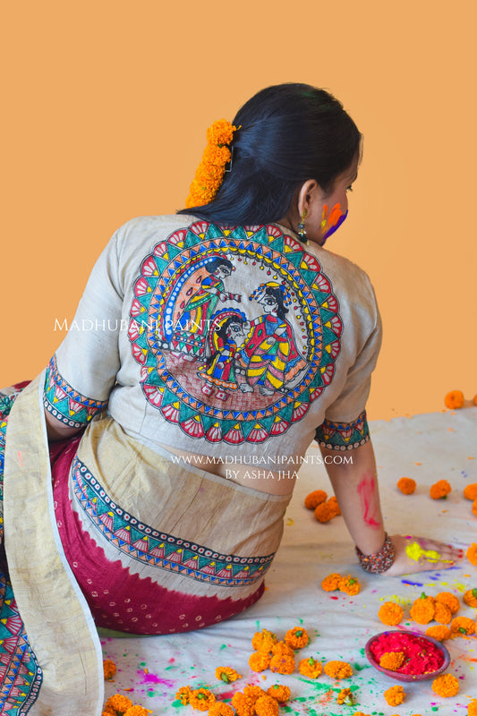 GAURI PUJA Hand-painted Madhubani Bandhini Tussar Silk Blouse