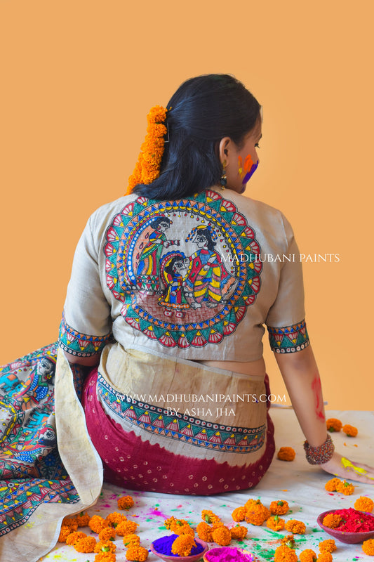 GAURI PUJA Hand-painted Madhubani Bandhini Tussar Silk Blouse