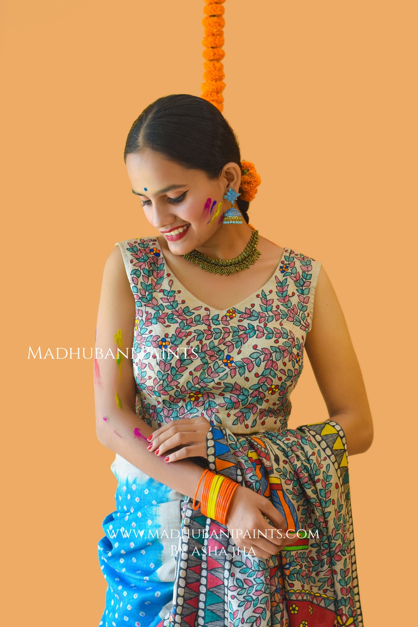 VANDURGA Hand-painted Madhubani Bandhini Saree Blouse Set