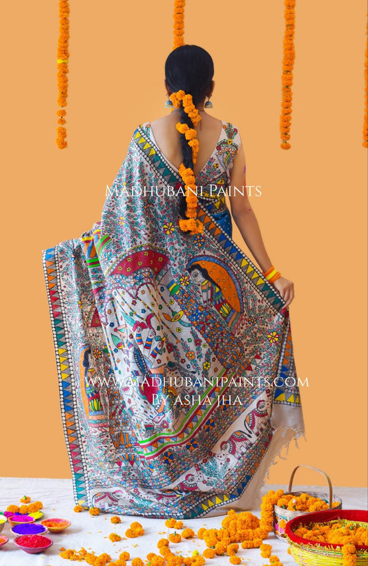 VANDURGA Hand-painted Madhubani Bandhini Saree