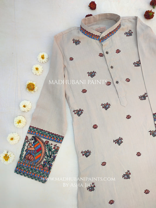 Radha Krishna Mayuri Hand-painted Handloom Men's Cotton Kurta