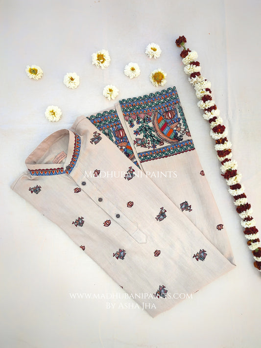 Radha Krishna Mayuri Hand-painted Handloom Men's Cotton Kurta