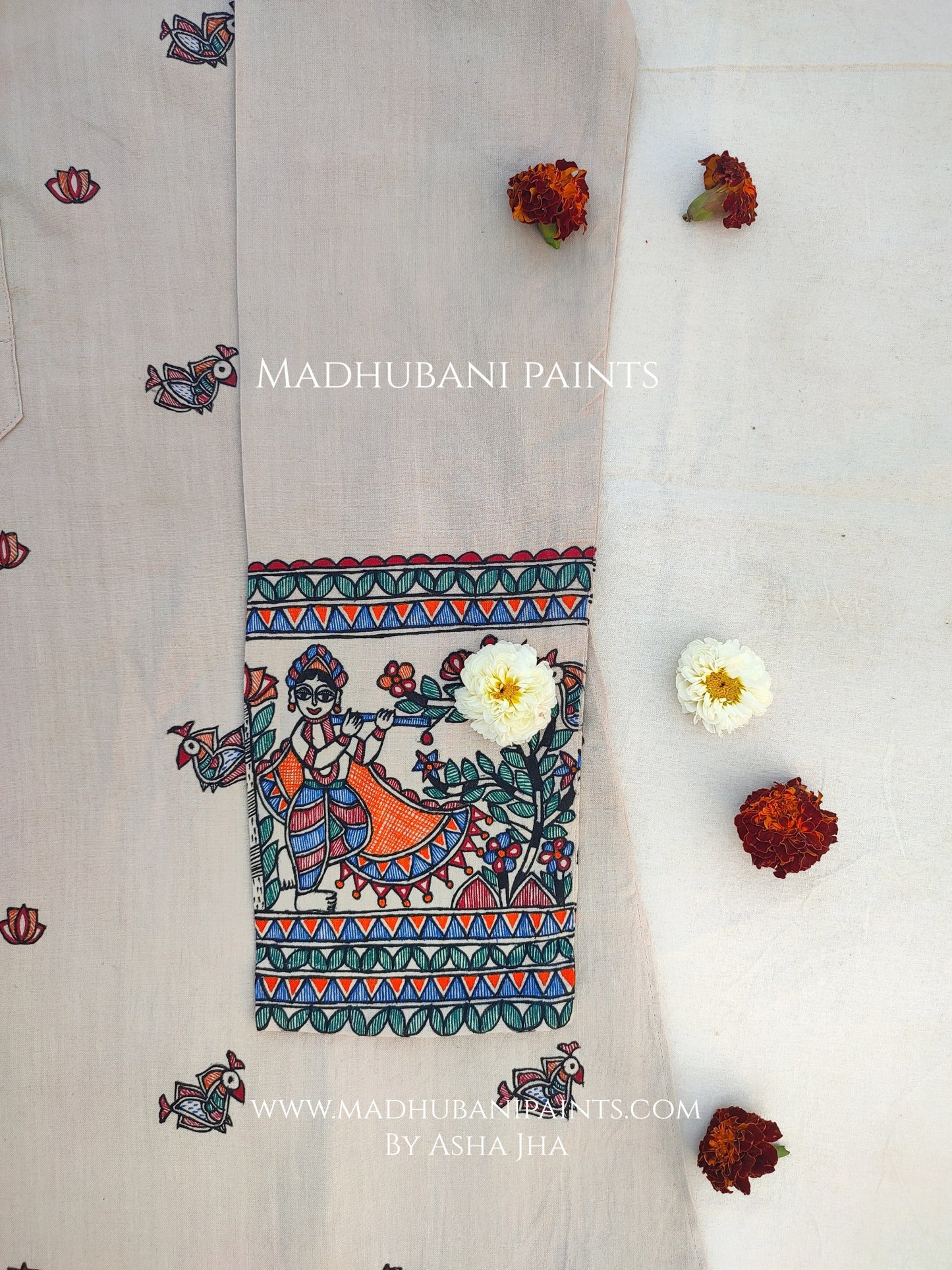 Radha Krishna Mayuri Men’s Hand-painted Handloom Cotton Kurta