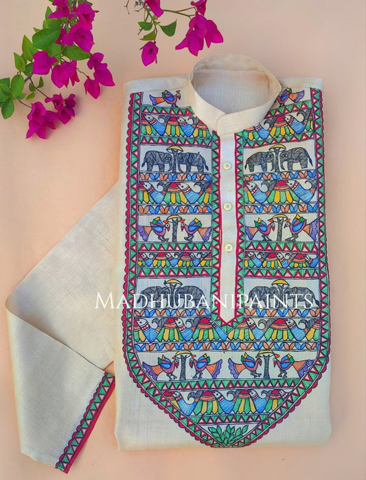 Hathi Mor Machli Hand-painted Madhubani Men's Tussar Silk Kurta