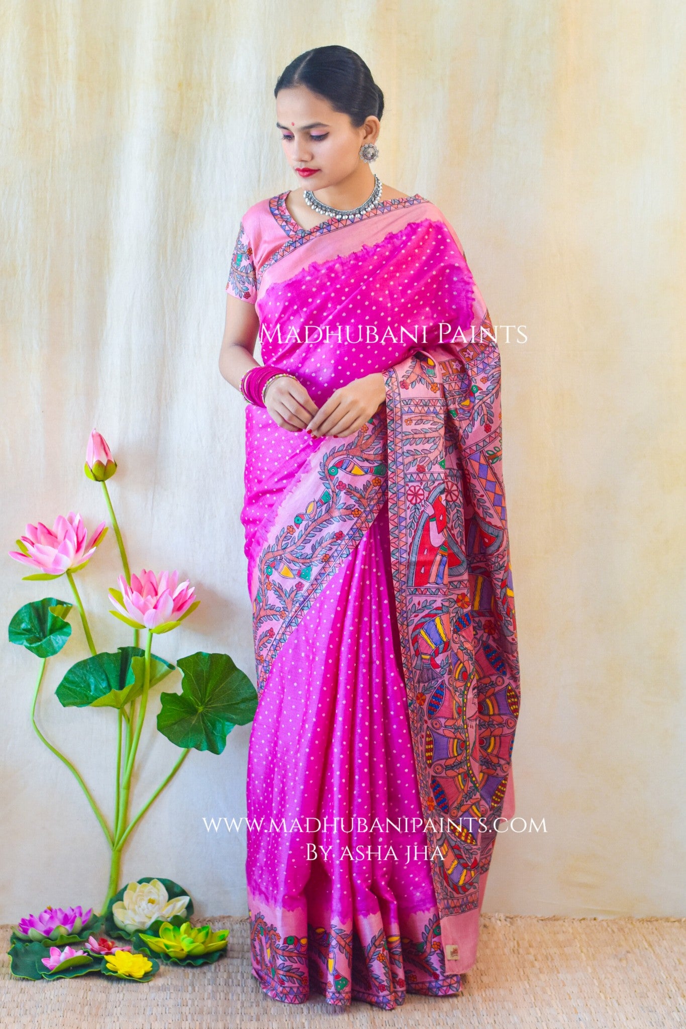 GULABI MAHFA Hand-painted Madhubani Tussar Silk Saree Blouse Set