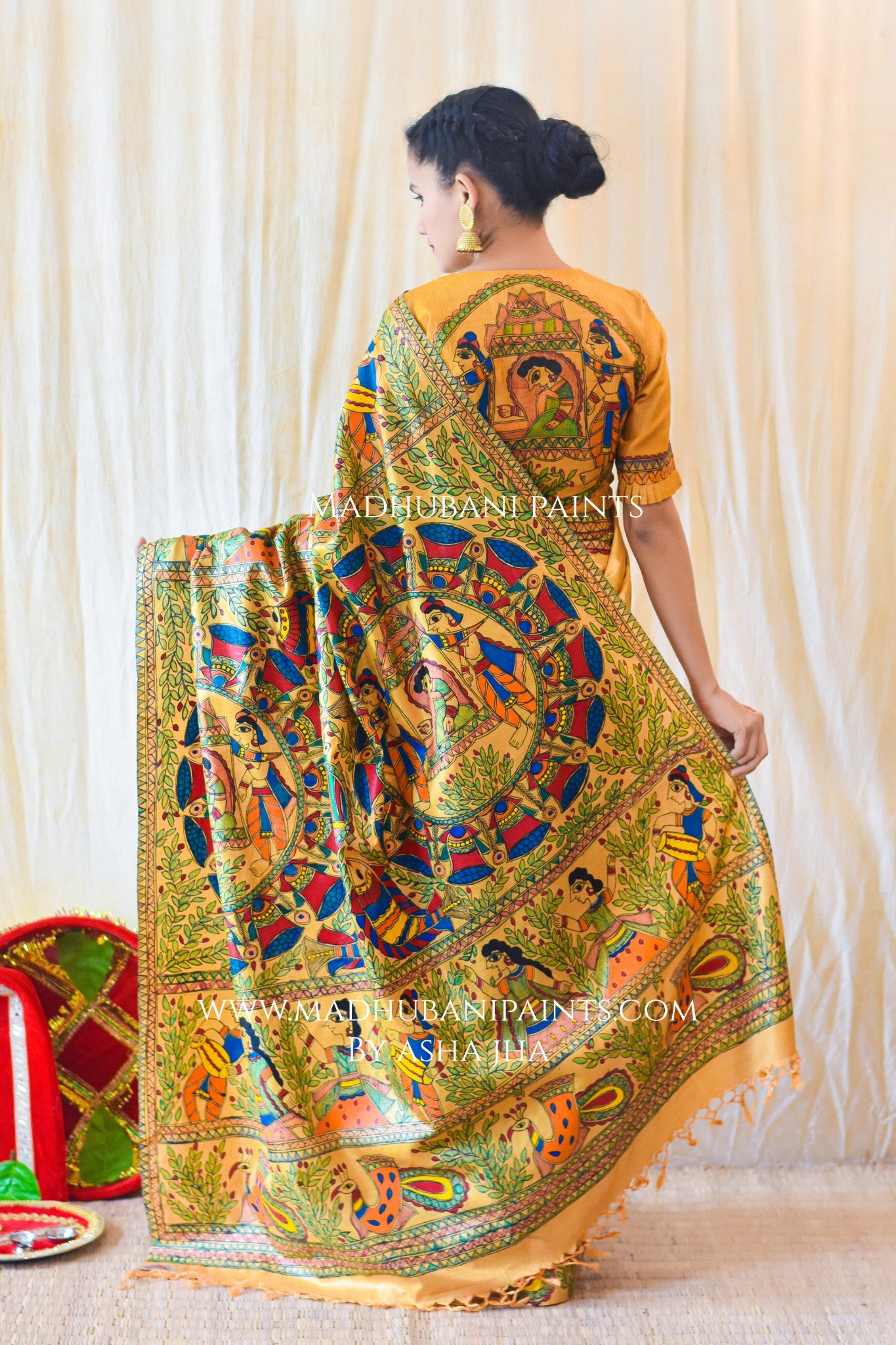 PILI DOLI Hand-painted Madhubani Tussar Silk Saree Blouse Set