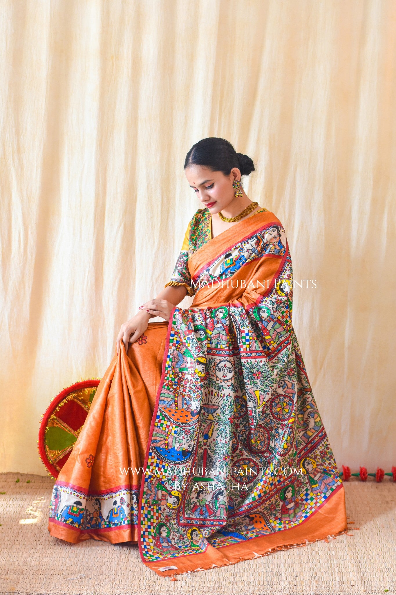 "MITHILA KOHBAR" Rust Orange Hand Painted Madhubani Tussar Silk Saree Blouse set