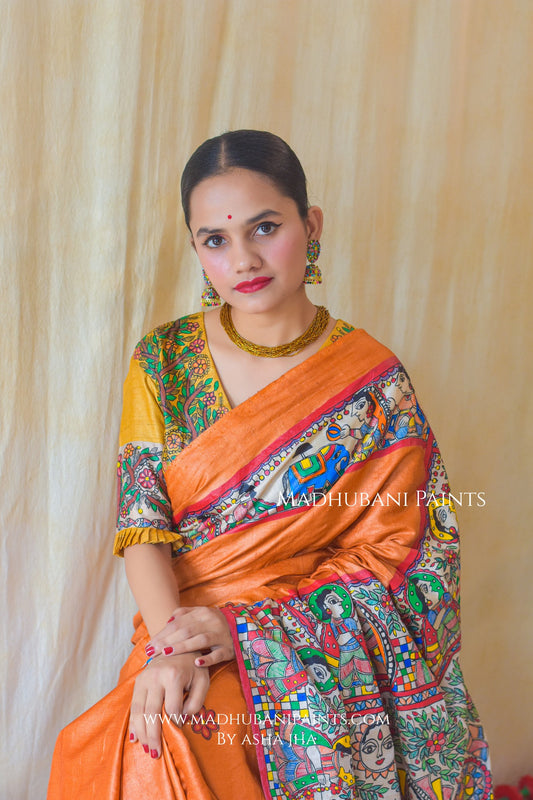 "MITHILA KOHBAR" Rust Orange Hand Painted Madhubani Tussar Silk Saree Blouse set