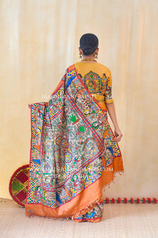 "MITHILA KOHBAR" Rust Orange Hand Painted Madhubani Tussar Silk Saree