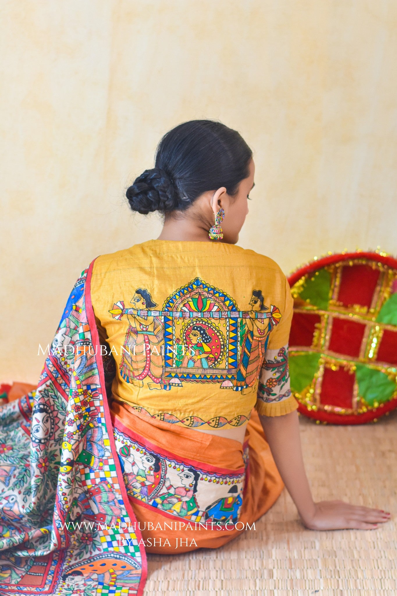 "MITHILA KOHBAR" Rust Orange Hand Painted Madhubani Tussar Silk Saree Blouse set